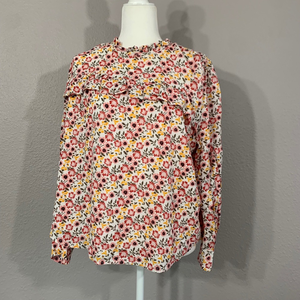LOFT‎ Floral Ruffle Neck Top Long Sleeve Blouse XL Extra Large Red Yellow